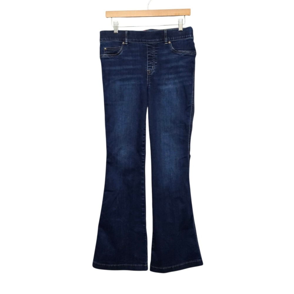 Spanx Flare Jeans Dark Indigo Wash High Rise Pull-On Denim Large Petite 1291